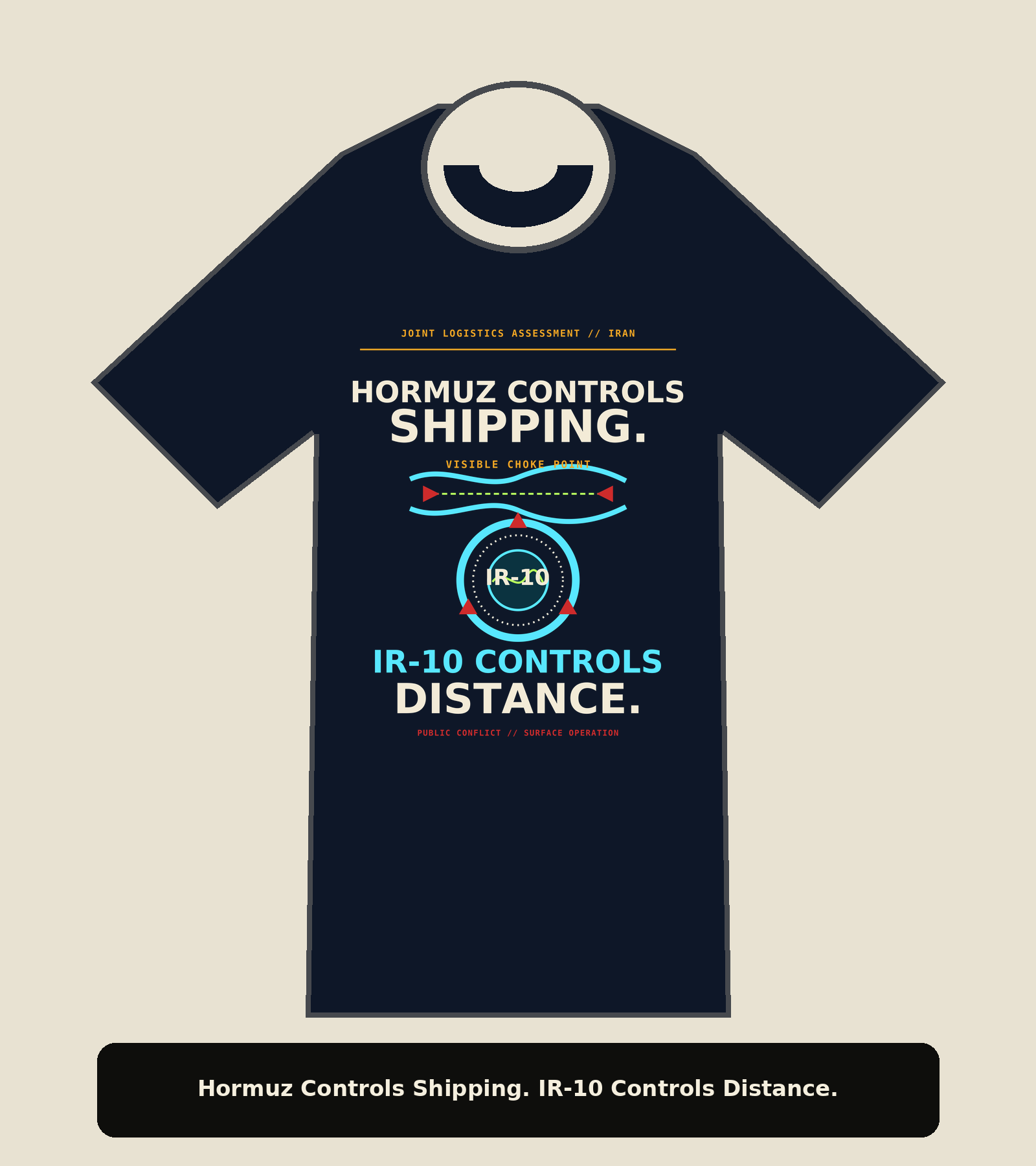 Dark T-shirt mockup reading Hormuz Controls Shipping and IR-10 Controls Distance