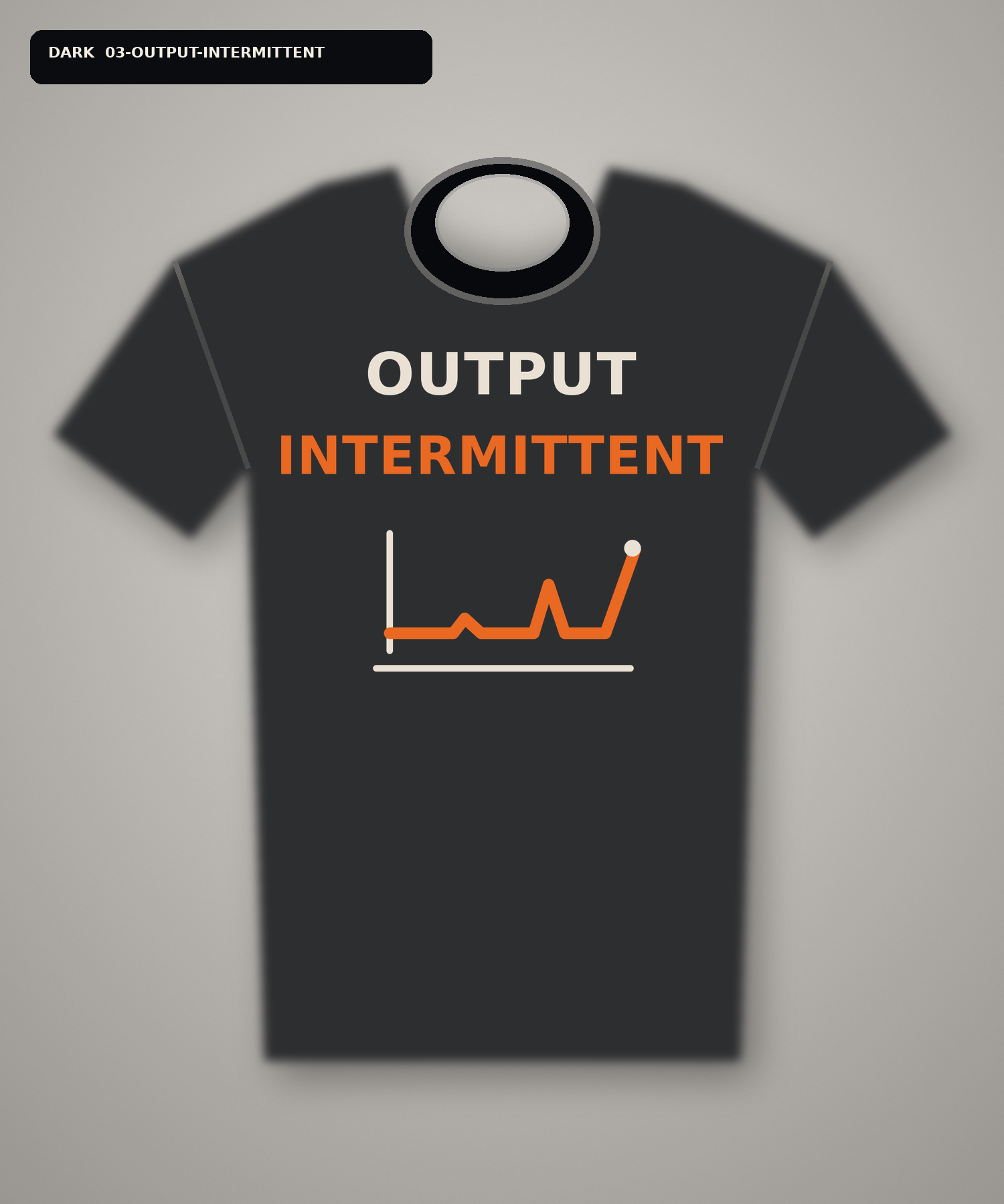 Dark T-shirt mockup reading Output Intermittent with an unreliable data line.