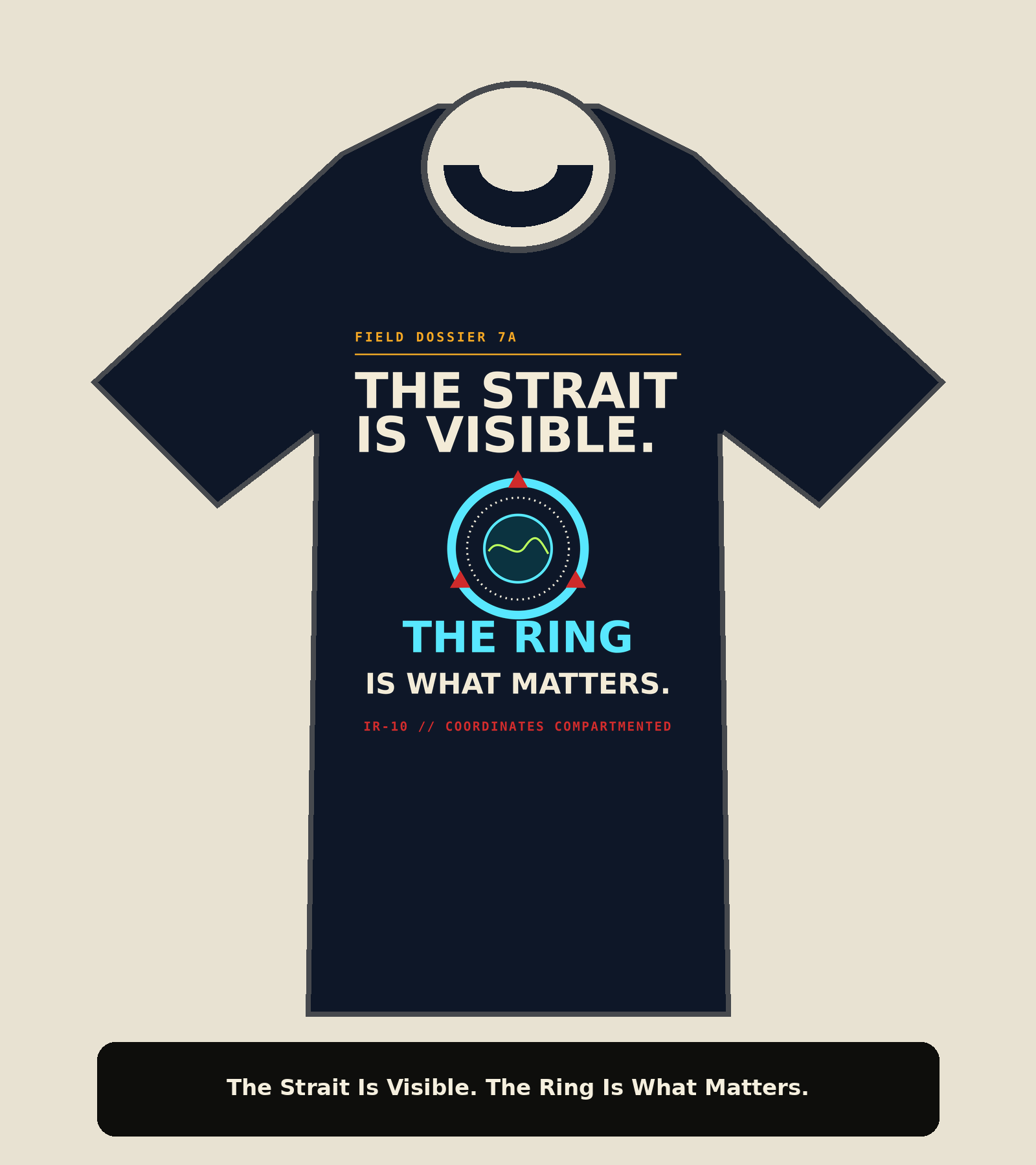 Dark T-shirt mockup reading The Strait Is Visible and The Ring Is What Matters